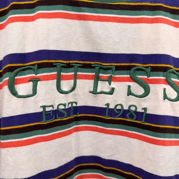Guess 1981 Retro Multicolor Embroidered Logo Striped T Shirt Mens Vtg 90s - Picture 2 of 8